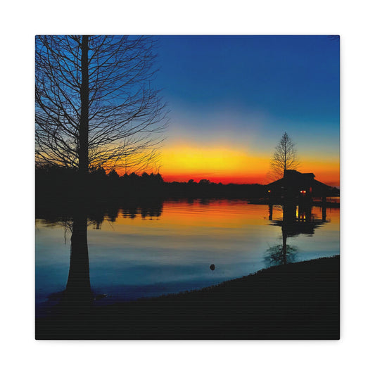 Sunset Lake Canvas Wall Art — Tranquil Silhouette Matte Stretched Canvas
