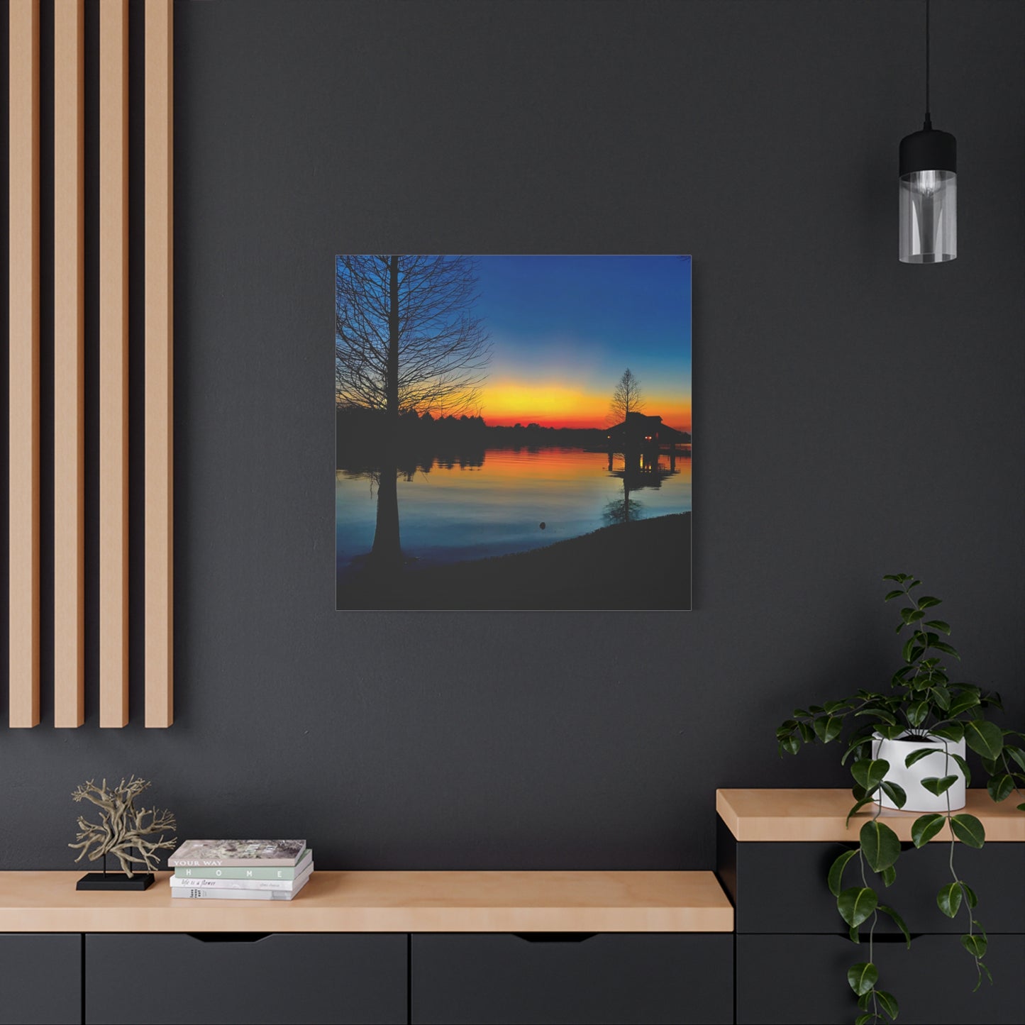 Sunset Lake Canvas Wall Art — Tranquil Silhouette Matte Stretched Canvas
