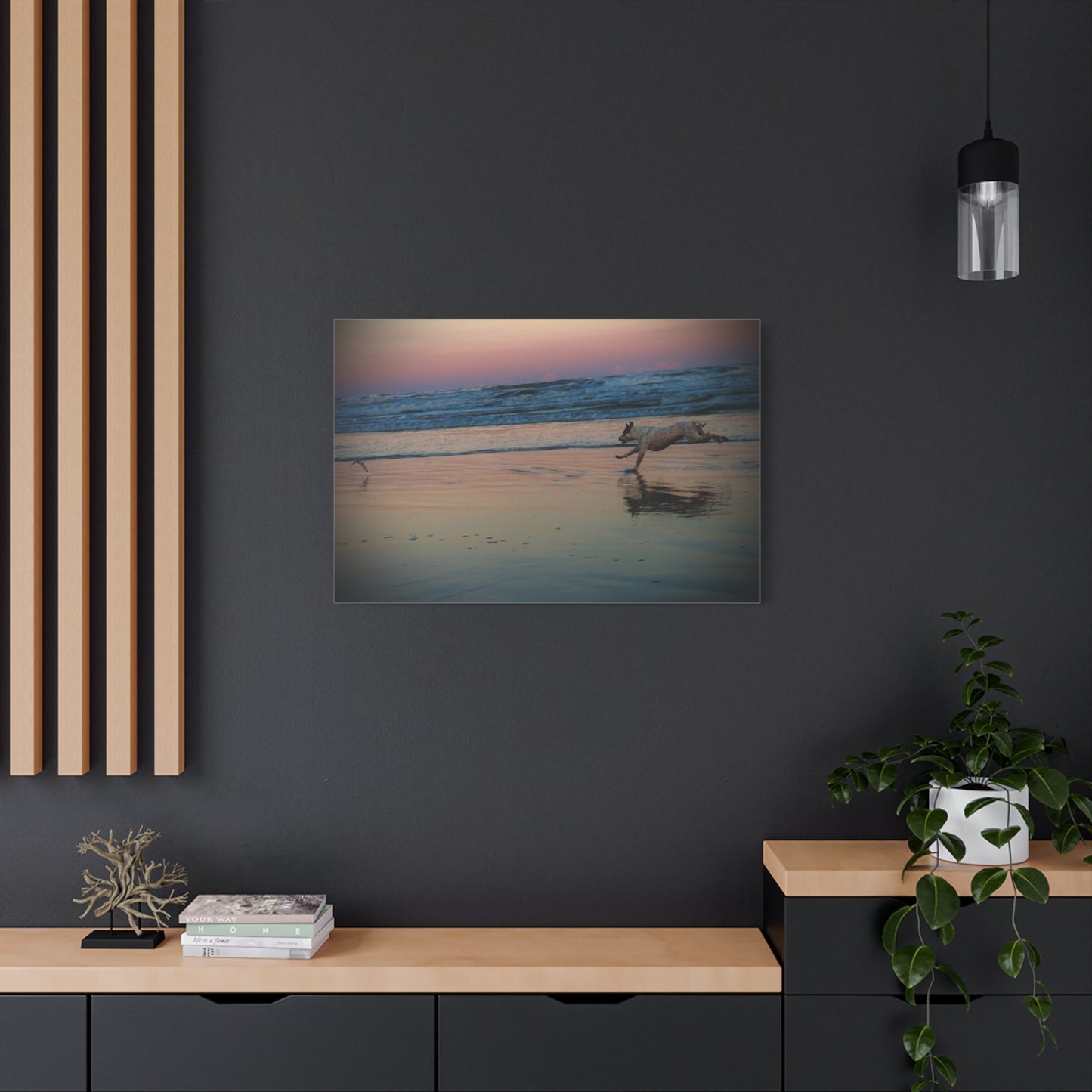 Seaside Sunset Canvas Print — Running Beach Dog Wall Art (Matte Stretched 1.25")