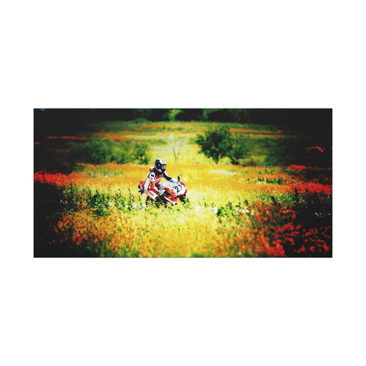 Motorcycle Racing Canvas Print — Rider in Wildflower Field Matte Stretched Art