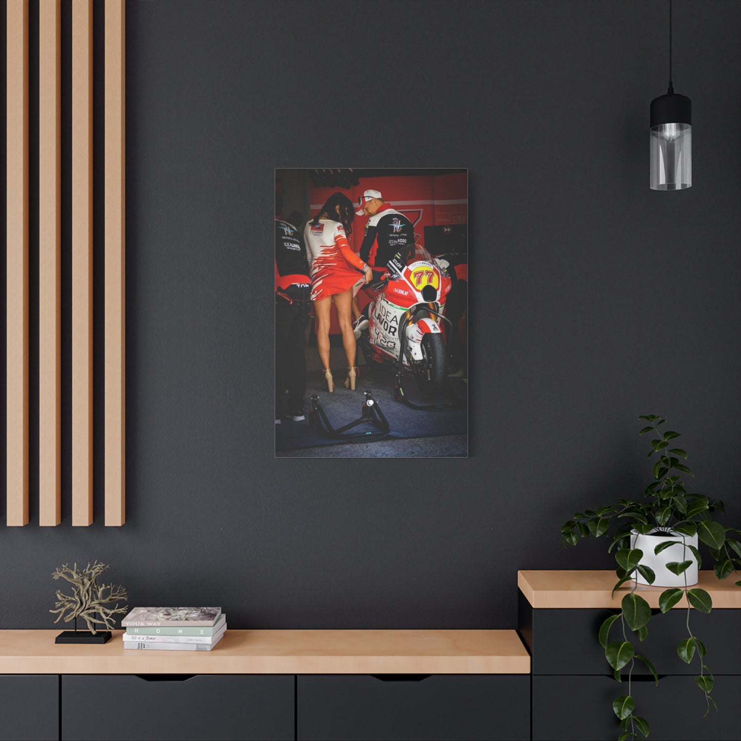 Motorbike Pit Crew Canvas Print — Racing Team Garage Scene