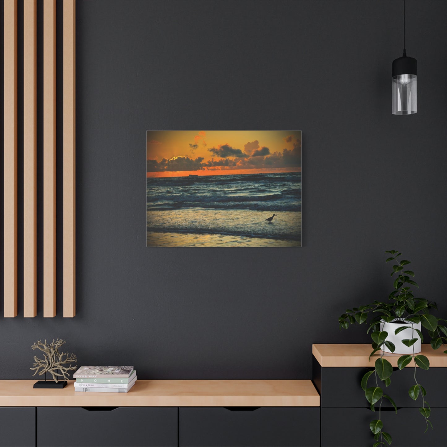 Sunset Seaside Canvas Wall Art — Beach Sunrise with Shorebird