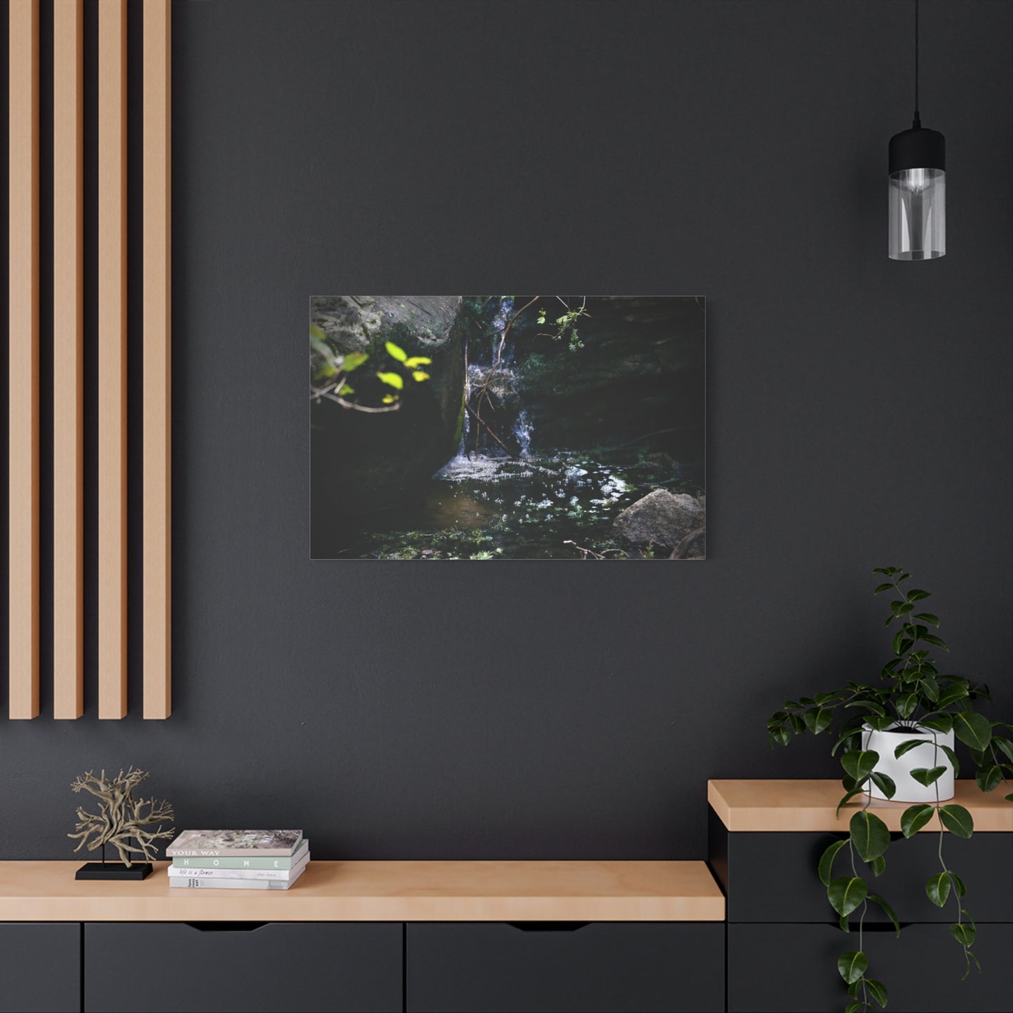 Mountain Waterfall Matte Stretched Canvas Print — Tranquil Woodland Waterfall Photography
