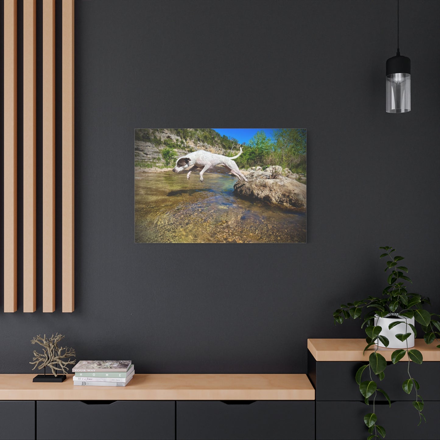 Canvas Print — Dog Leaping Over River | Outdoor Adventure Wall Art
