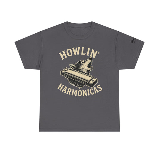 Howlin' Harmonicas T-Shirt — Vintage Wolf & Harmonica Music Tee