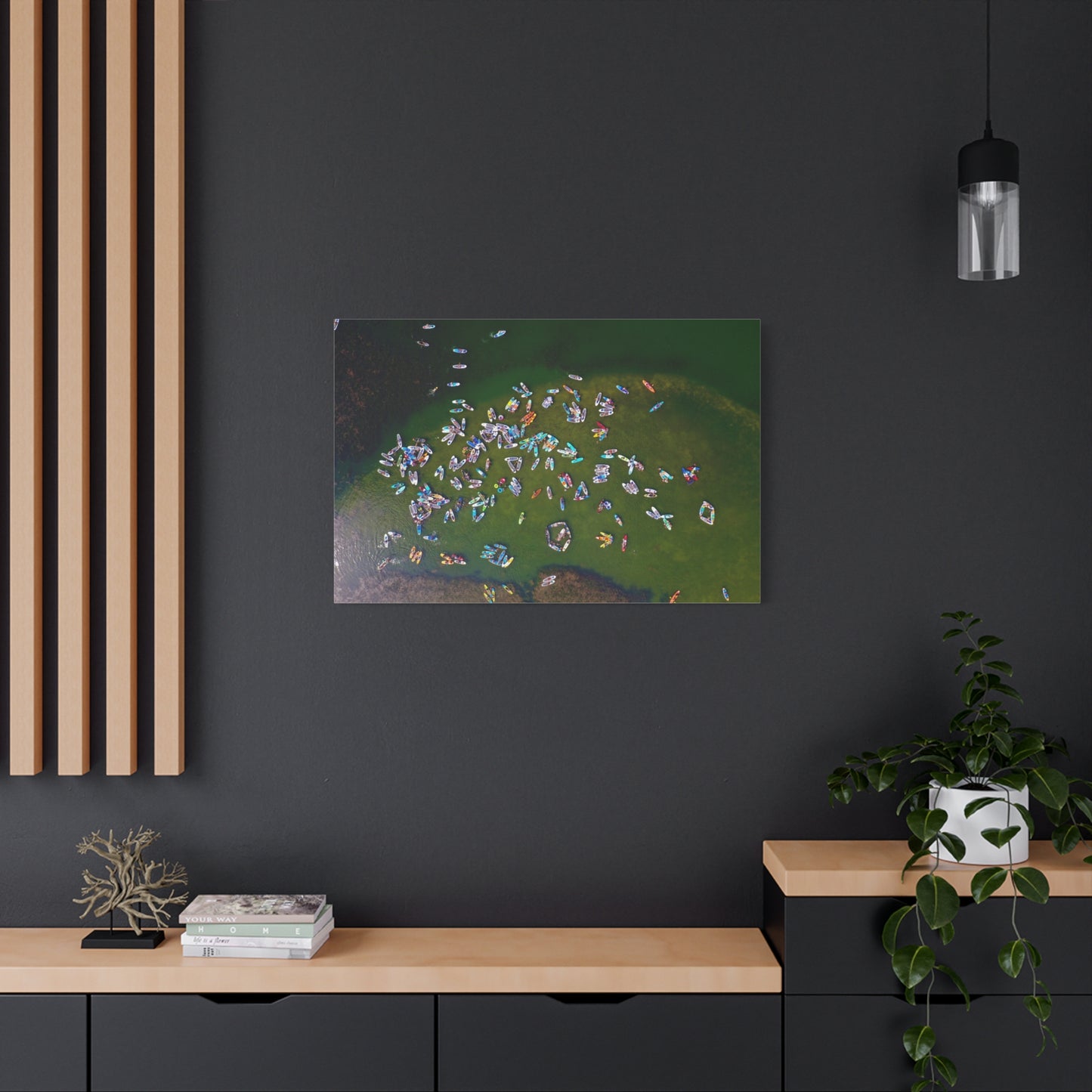 Aerial Austin Lake Crowd Matte Canvas Print — Colorful Summer Kayaks and SUP Boards Wall Art