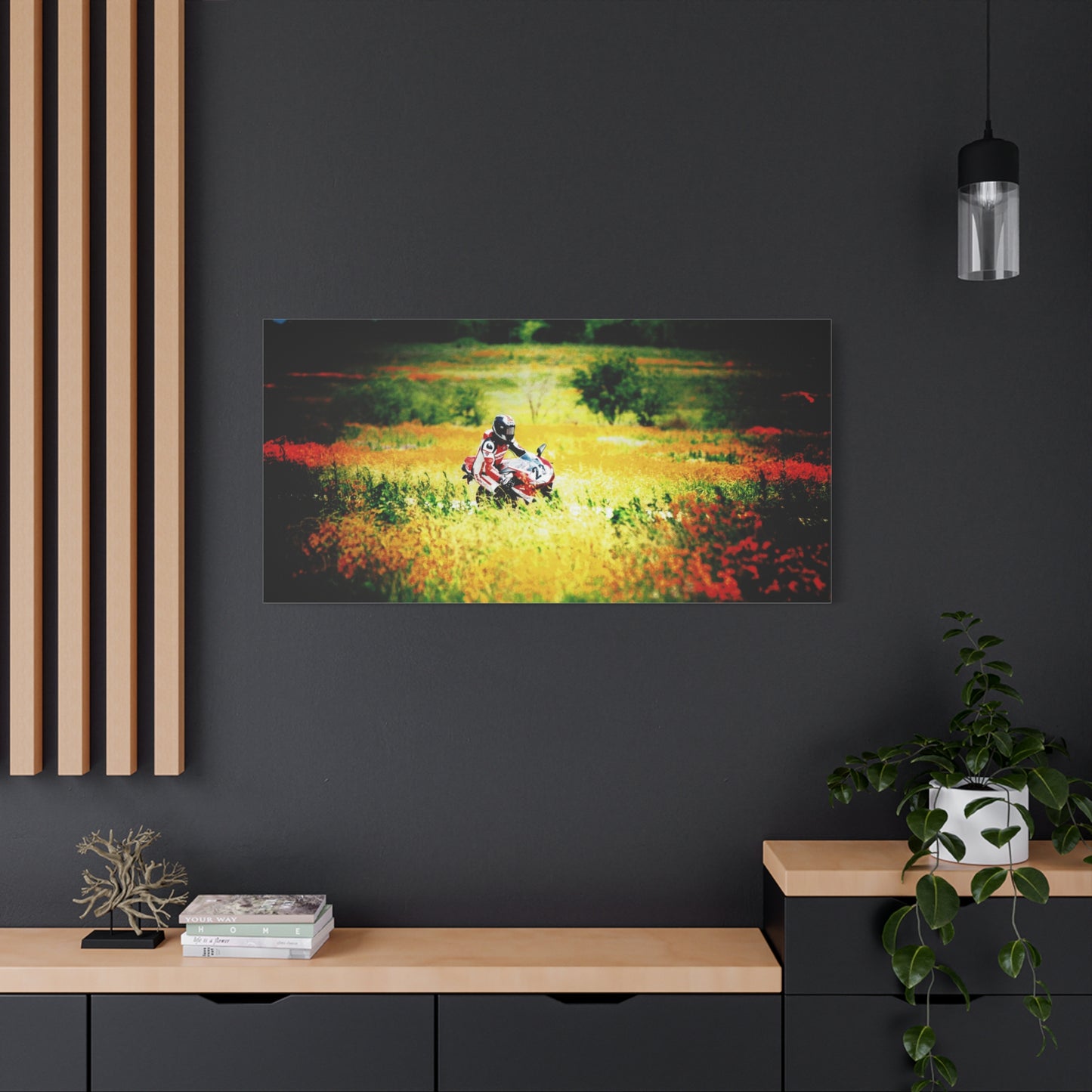 Motorcycle Racing Canvas Print — Rider in Wildflower Field Matte Stretched Art