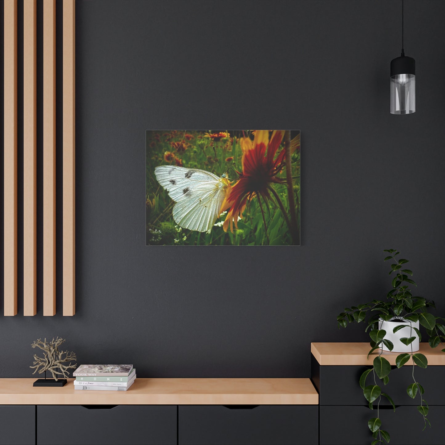 White Butterfly on Wildflower Canvas Print — Nature Wall Art, Garden Butterfly Photography