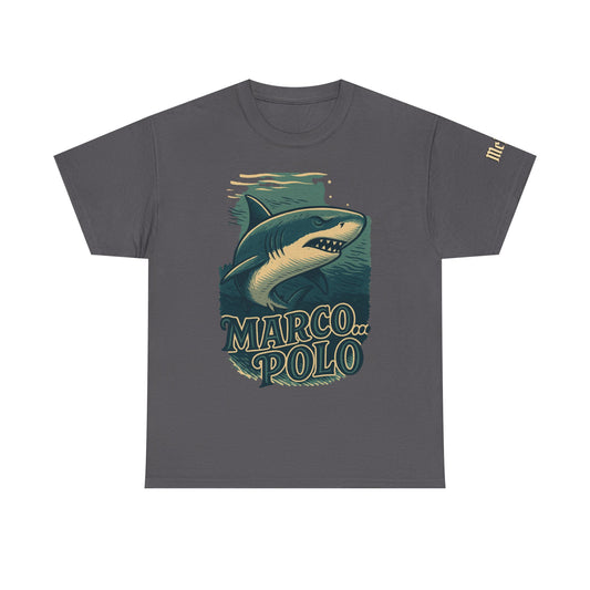 Shark “Marco Polo” Graphic T-Shirt — Retro Ocean Humor Tee