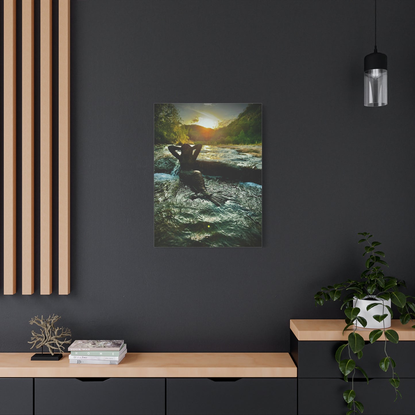Sunset River Mermaid Canvas Wall Art — Matte Stretched Nature Print