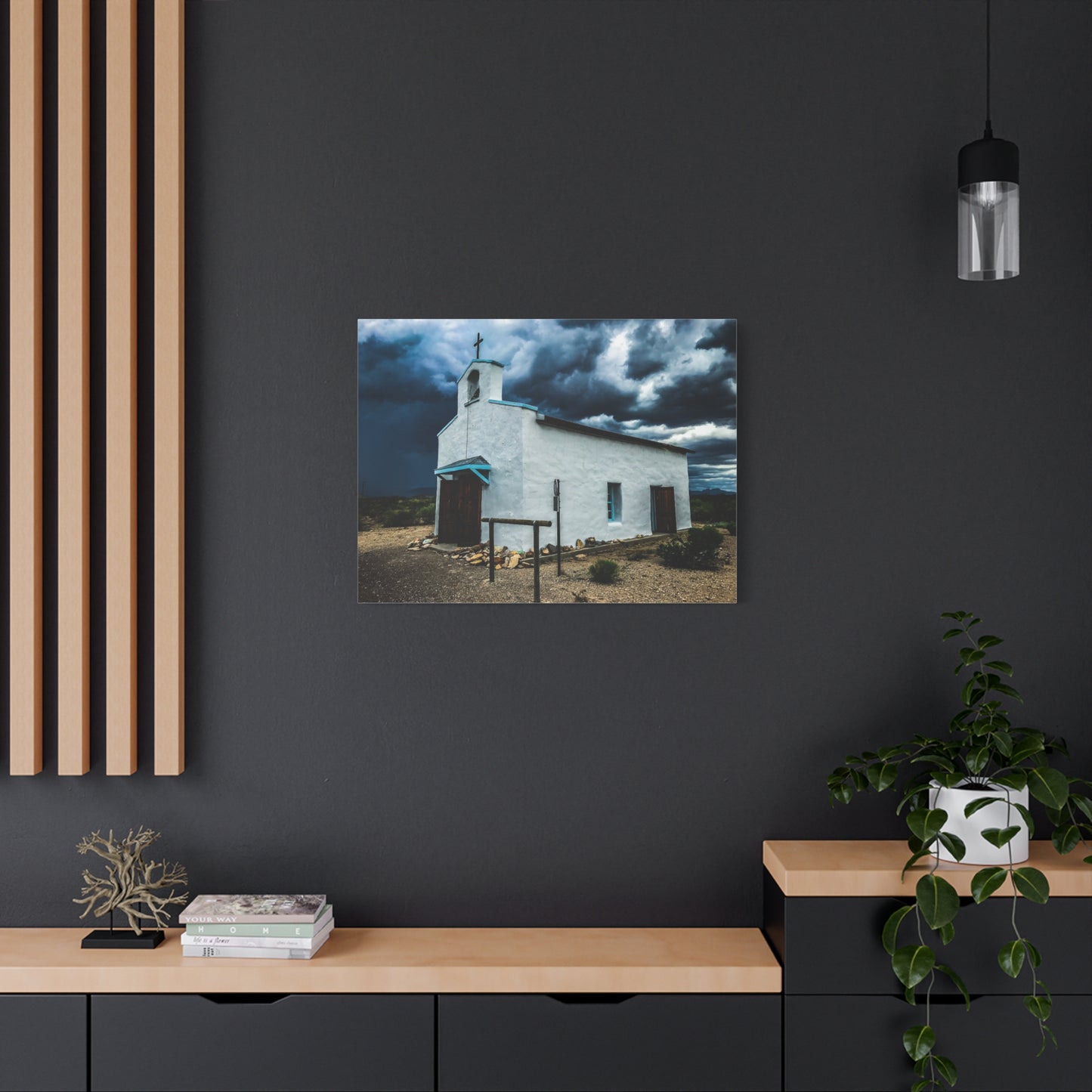 Desert Mission West Texas White Church Matte Canvas Wall Art — Southwestern Storm Landscape