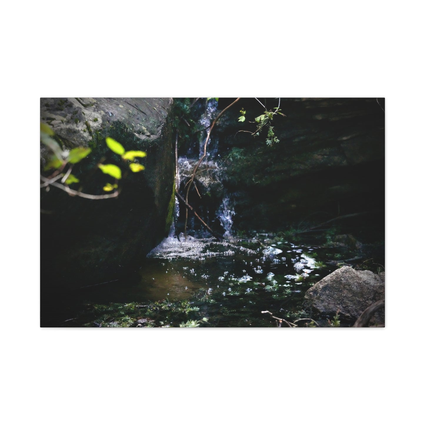 Mountain Waterfall Matte Stretched Canvas Print — Tranquil Woodland Waterfall Photography
