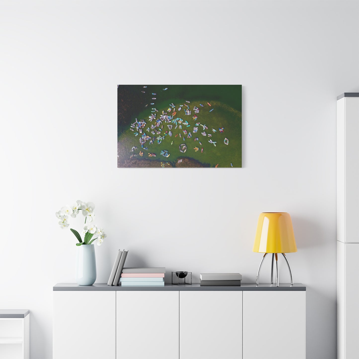 Aerial Austin Lake Crowd Matte Canvas Print — Colorful Summer Kayaks and SUP Boards Wall Art