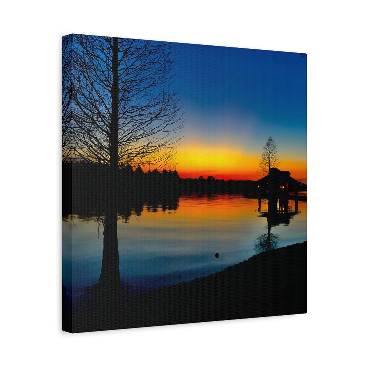 Sunset Lake Canvas Wall Art — Tranquil Silhouette Matte Stretched Canvas