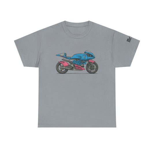 Vintage Sportbike Graphic Tee — Blue & Pink Motorcycle T-Shirt