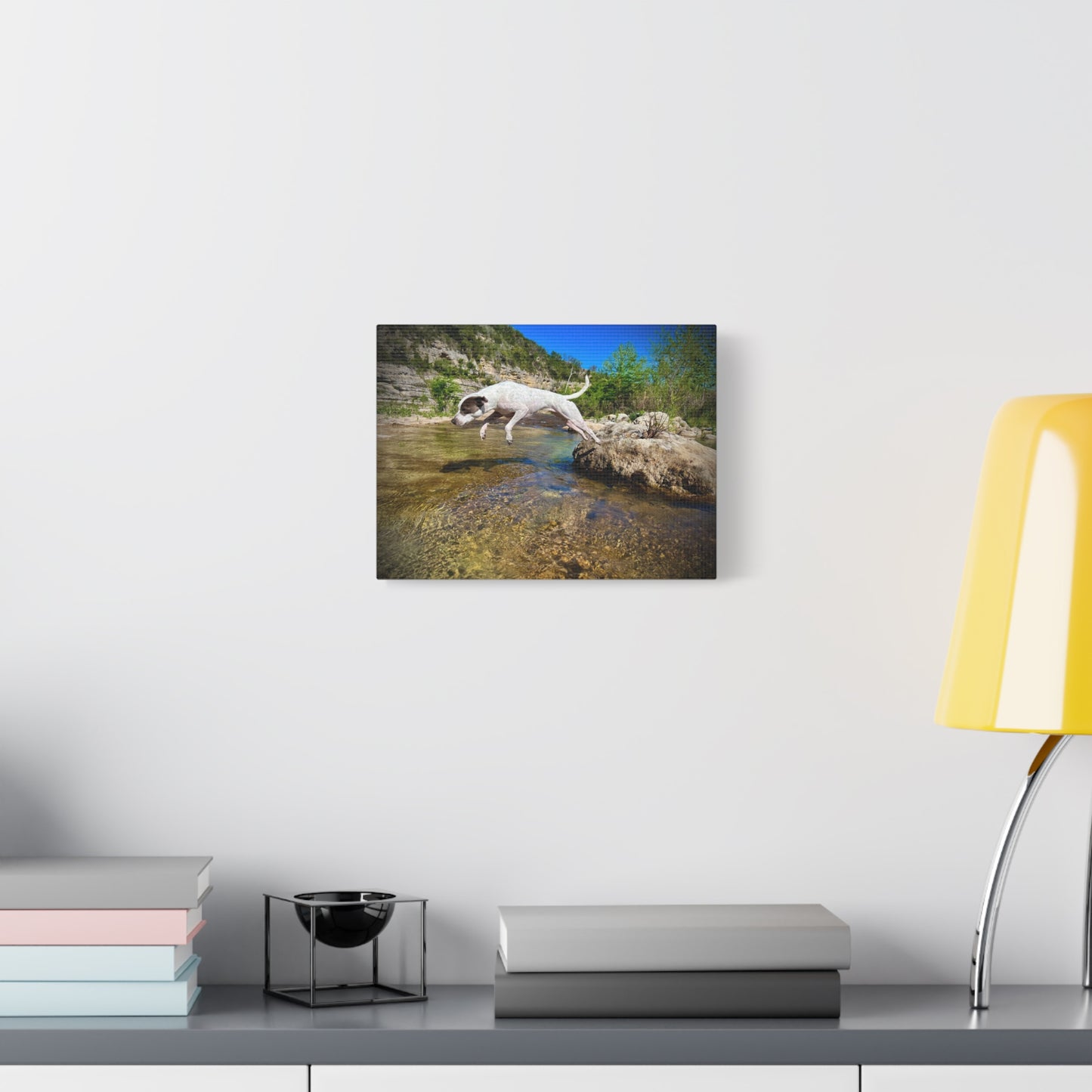 Canvas Print — Dog Leaping Over River | Outdoor Adventure Wall Art