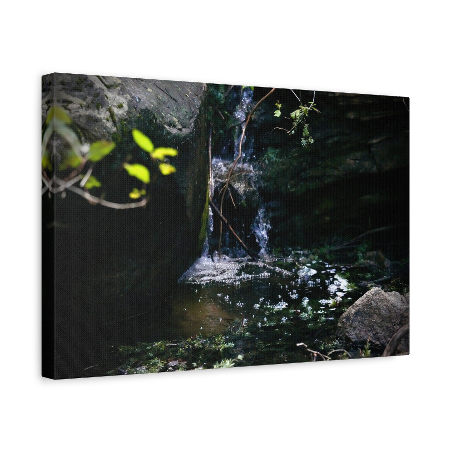 Mountain Waterfall Matte Stretched Canvas Print — Tranquil Woodland Waterfall Photography