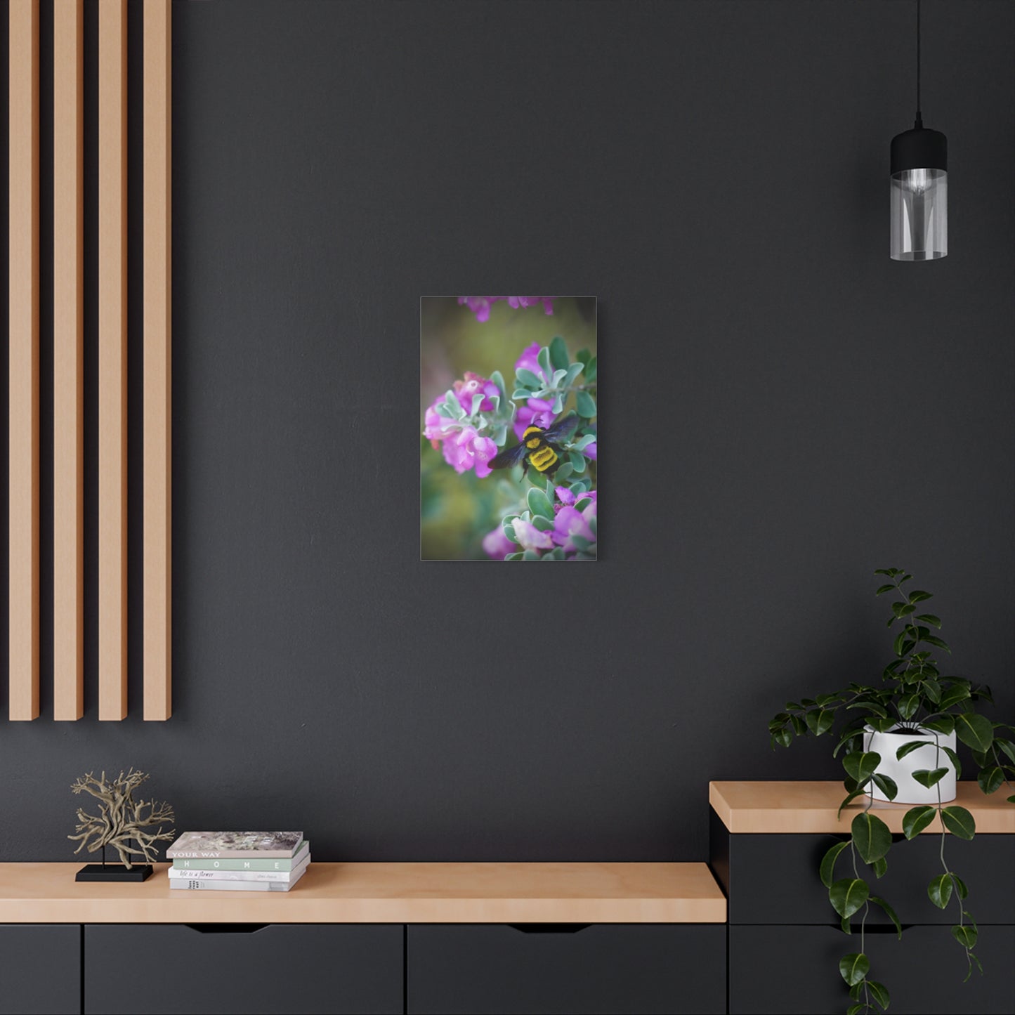 Bumblebee on Pink Flowers Matte Stretched Canvas