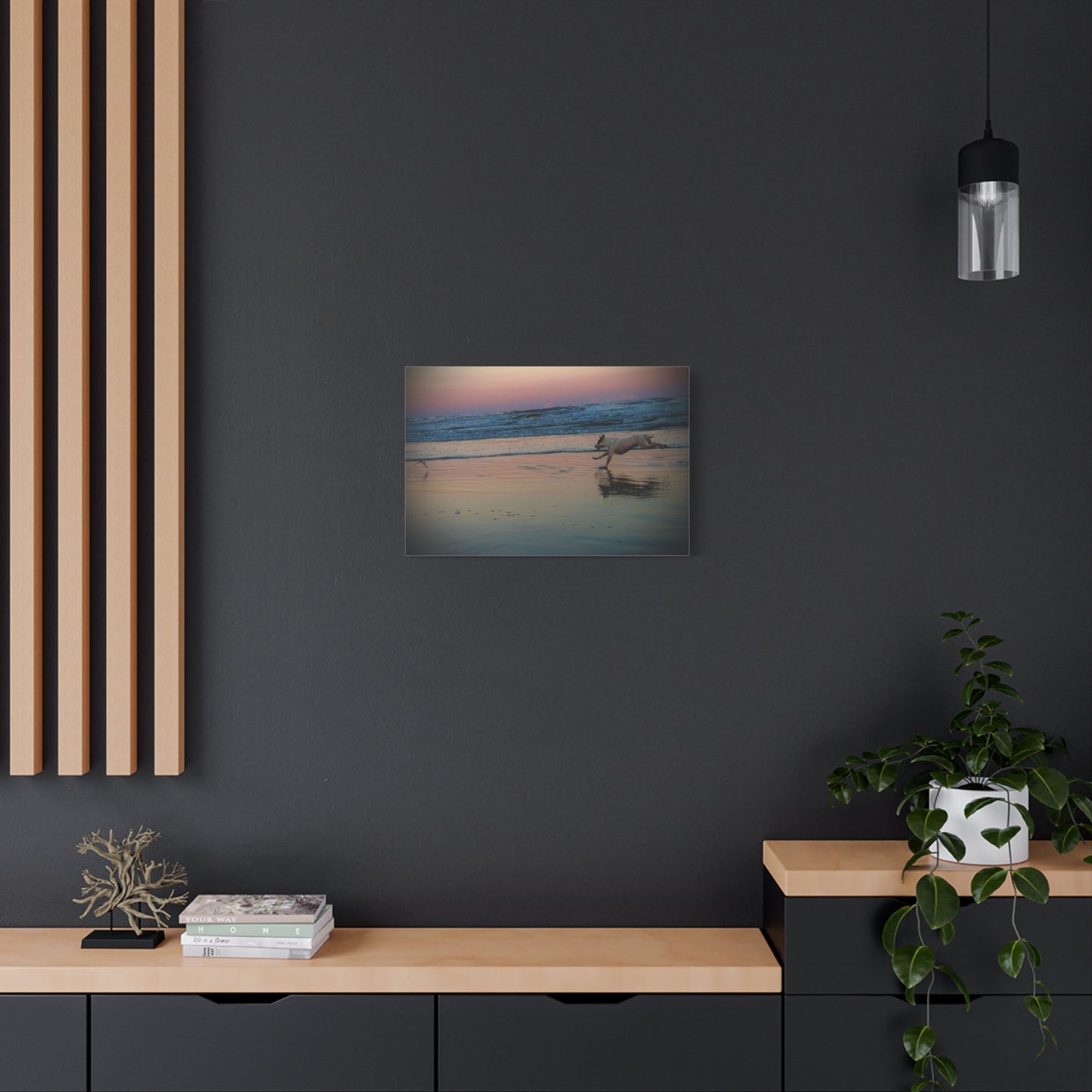 Seaside Sunset Canvas Print — Running Beach Dog Wall Art (Matte Stretched 1.25")