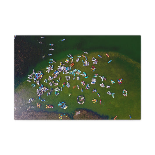Aerial Austin Lake Crowd Matte Canvas Print — Colorful Summer Kayaks and SUP Boards Wall Art