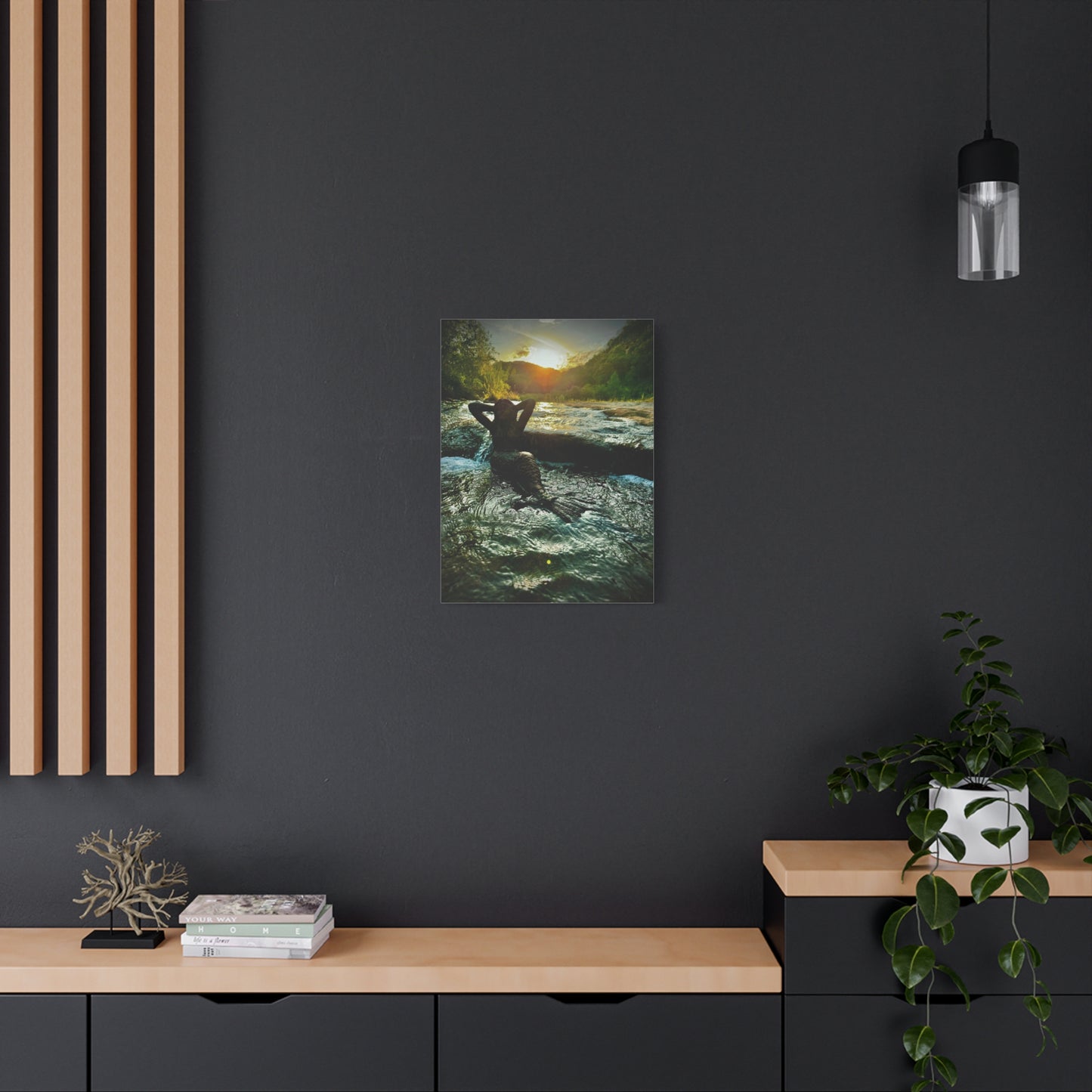 Sunset River Mermaid Canvas Wall Art — Matte Stretched Nature Print