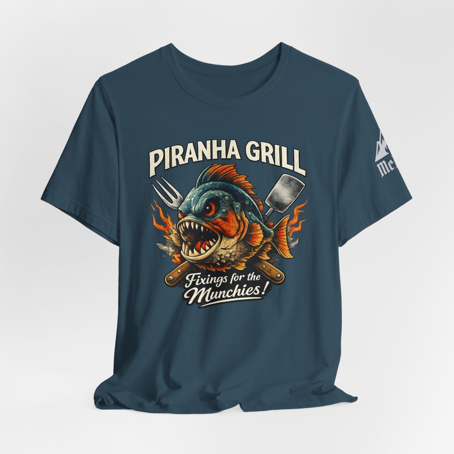Piranha Grill T‑Shirt — 'Piranha Grill: Fixings for the Munchies' Retro BBQ Tee