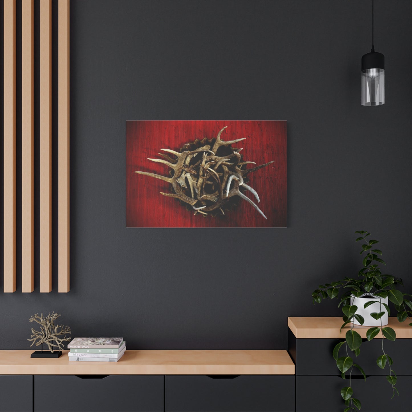Antler Crown Wall Art — Rustic Red Matte Canvas (Stretched 1.25")