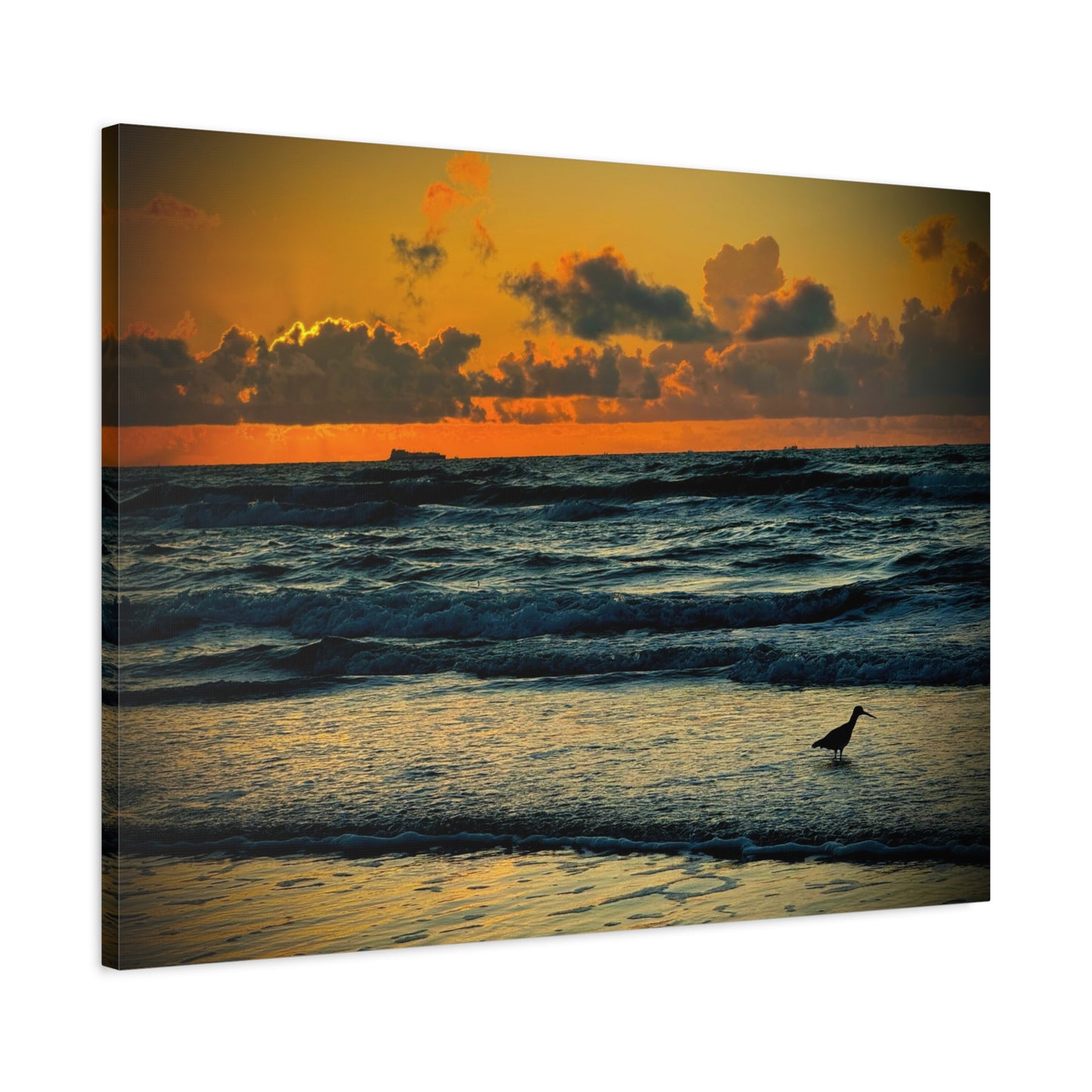 Sunset Seaside Canvas Wall Art — Beach Sunrise with Shorebird