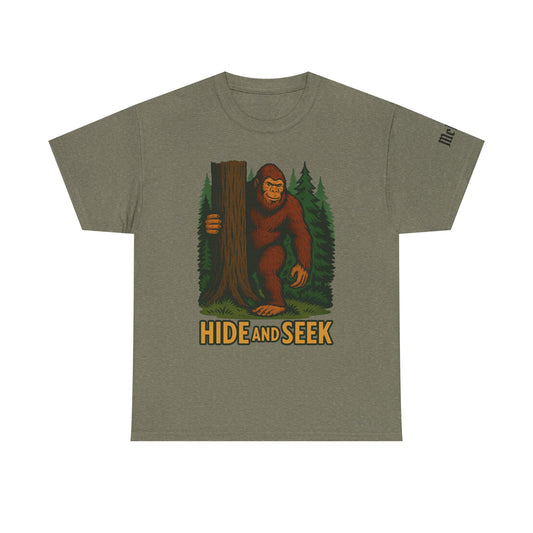 Bigfoot Hide and Seek T-Shirt — Retro Sasquatch Forest Graphic Tee