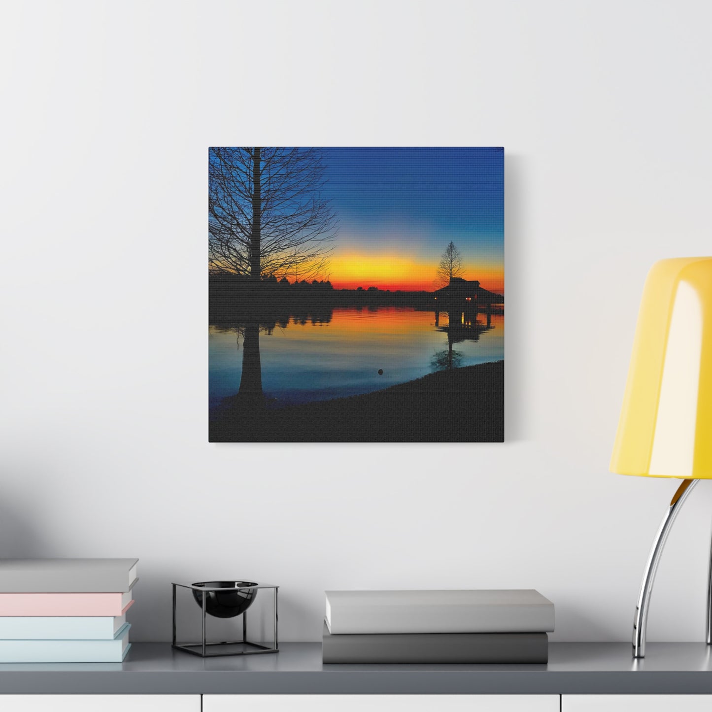 Sunset Lake Canvas Wall Art — Tranquil Silhouette Matte Stretched Canvas