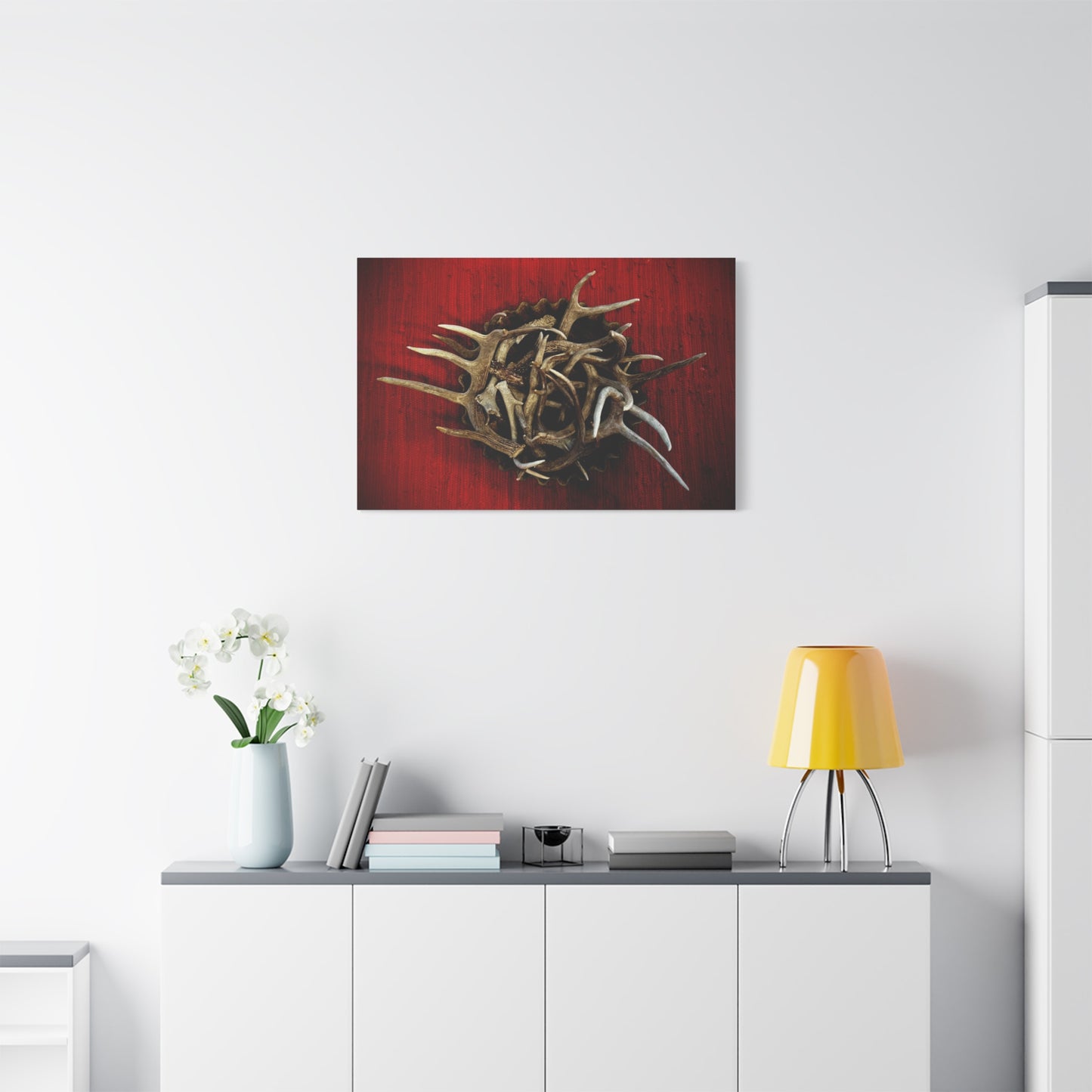 Antler Crown Wall Art — Rustic Red Matte Canvas (Stretched 1.25")
