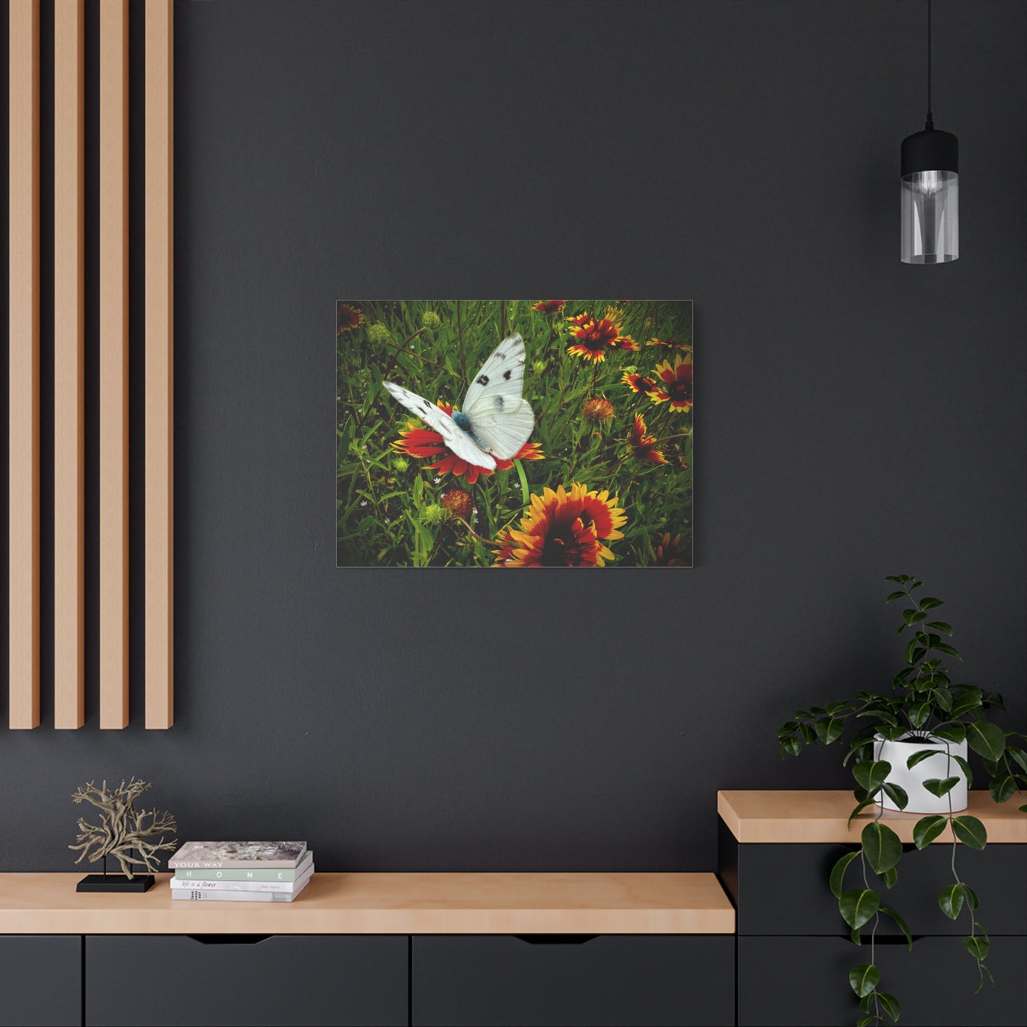 White Butterfly on Indian Blanket Wildflowers Matte Canvas Wall Art