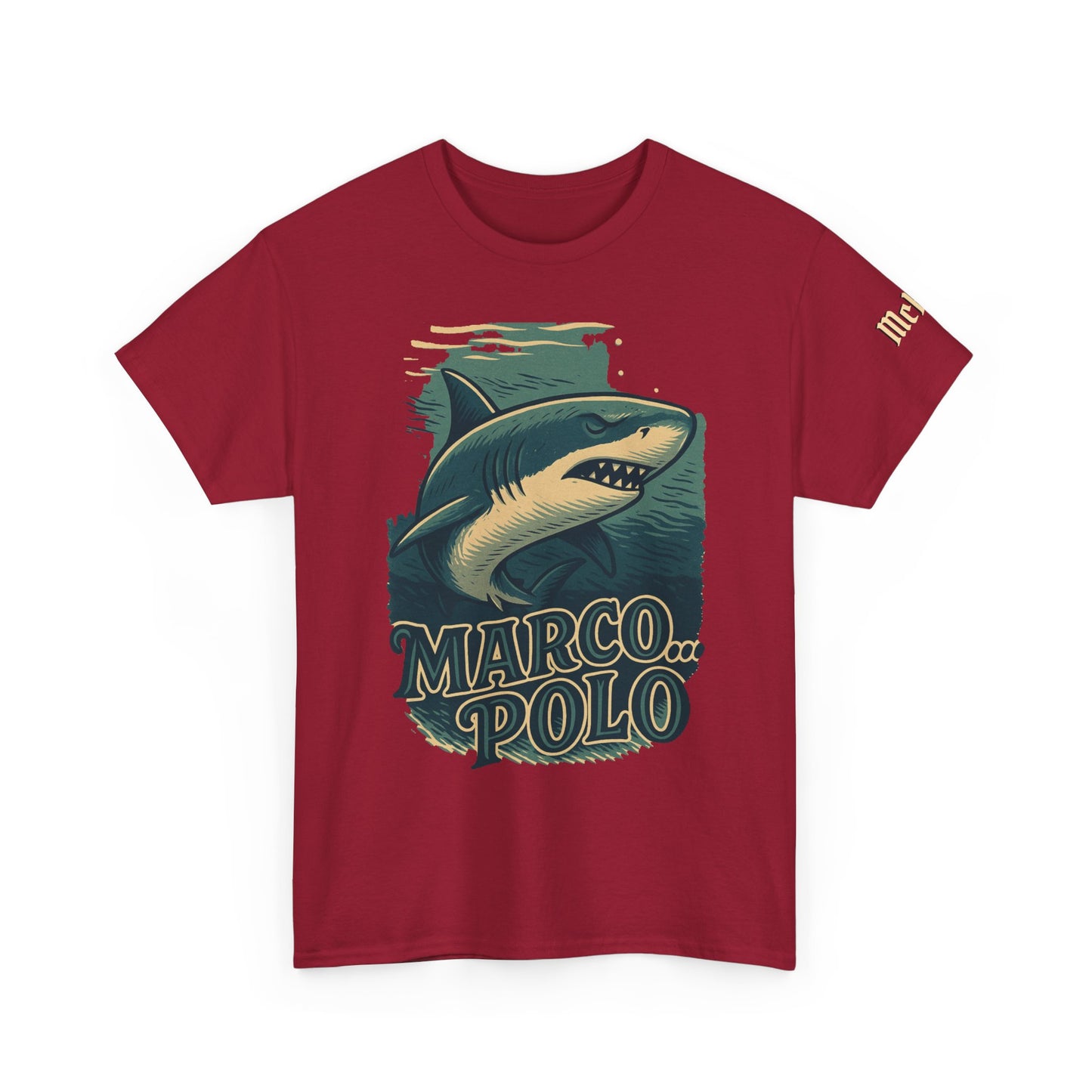 Shark “Marco Polo” Graphic T-Shirt — Retro Ocean Humor Tee