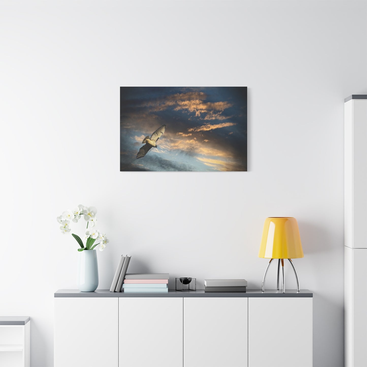 Hawk at Sunset Matte Canvas Print — Coastal Wall Art, Tranquil Ocean Sky