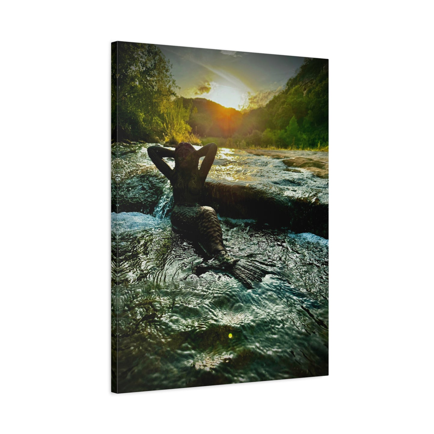 Sunset River Mermaid Canvas Wall Art — Matte Stretched Nature Print