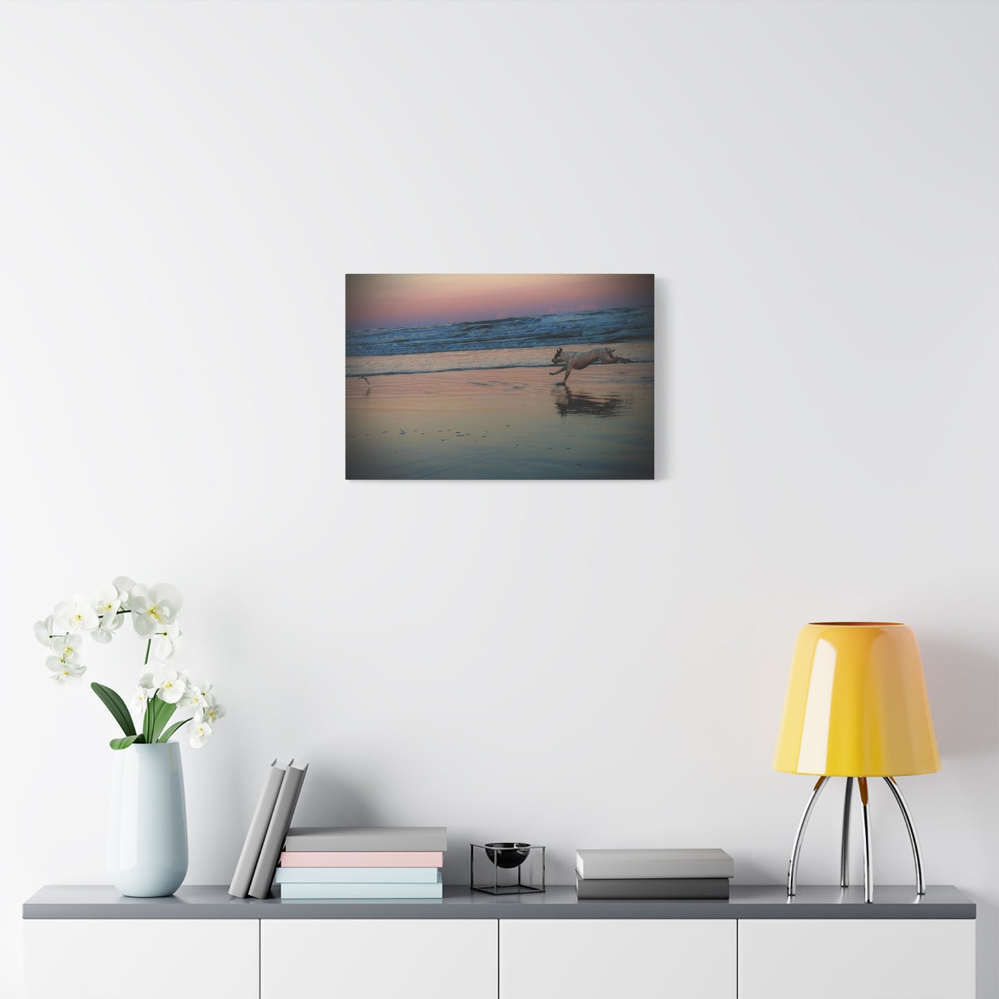 Seaside Sunset Canvas Print — Running Beach Dog Wall Art (Matte Stretched 1.25")