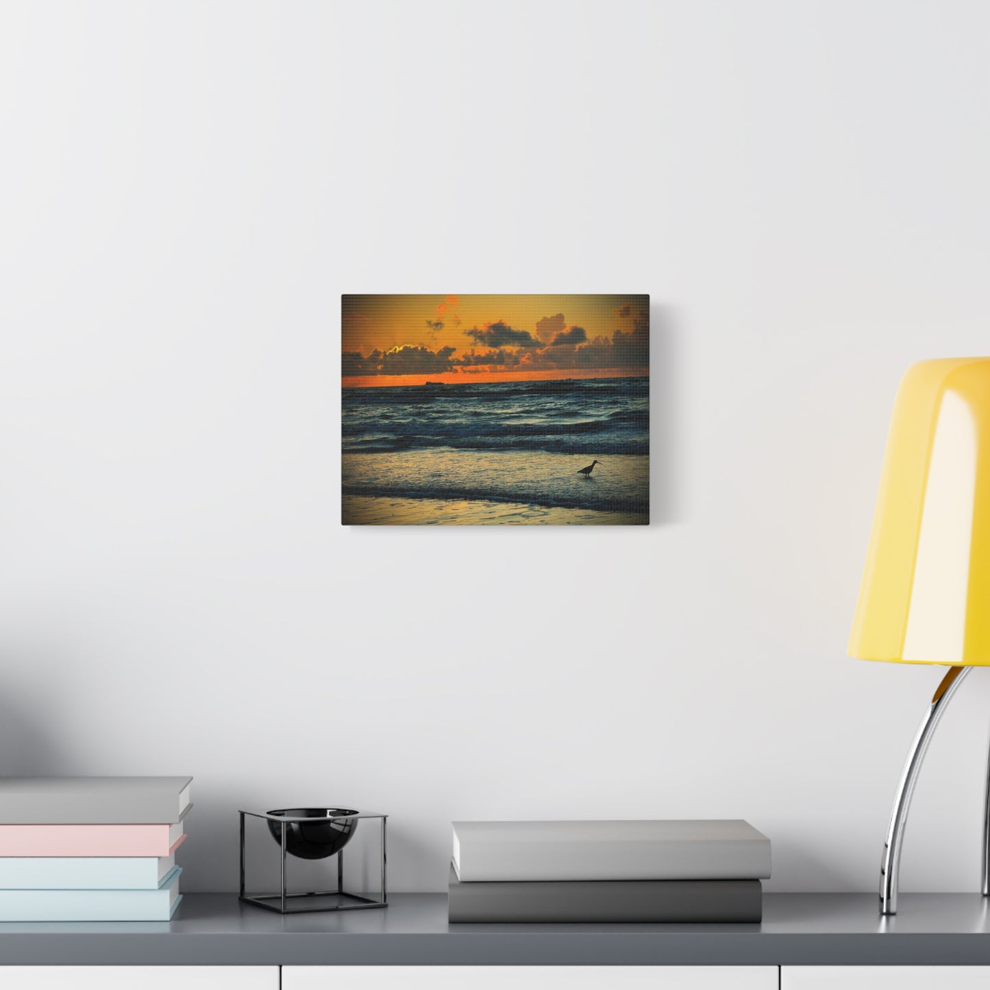 Sunset Seaside Canvas Wall Art — Beach Sunrise with Shorebird