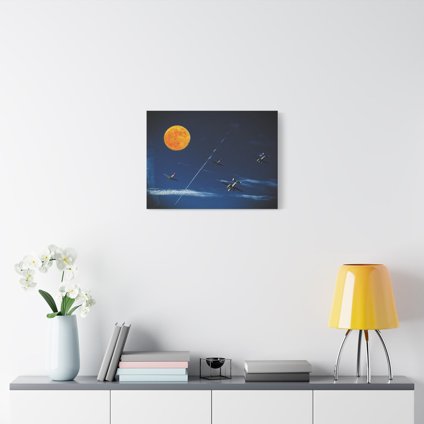Vintage Aviation Moon Canvas Print — Planes Over Night Sky Matte Stretched Wall Art