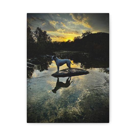 Dog - Manxy - Sunset Canvas Wall Art — Scenic River Reflection Matte Stretched Print