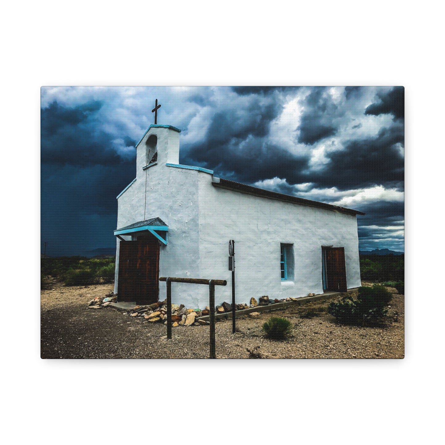 Desert Mission West Texas White Church Matte Canvas Wall Art — Southwestern Storm Landscape