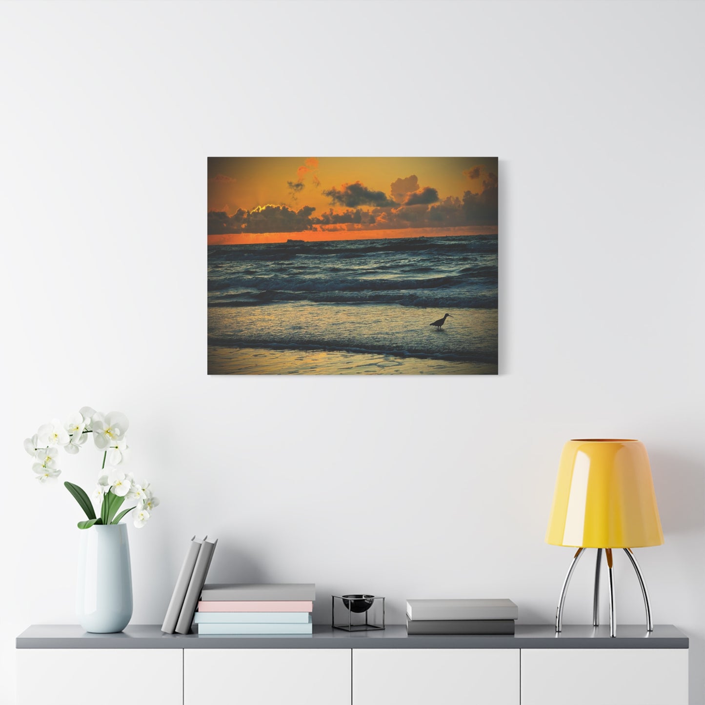 Sunset Seaside Canvas Wall Art — Beach Sunrise with Shorebird