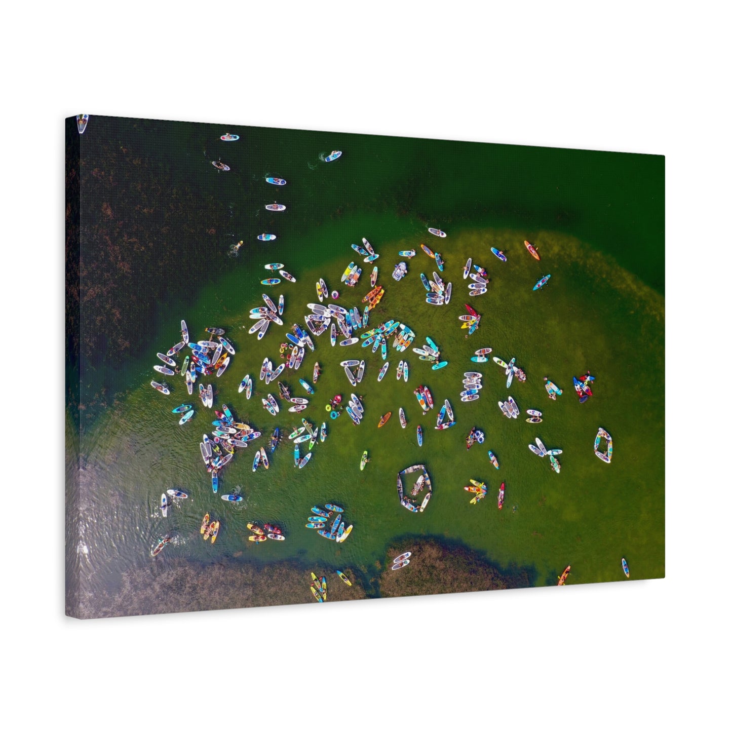 Aerial Austin Lake Crowd Matte Canvas Print — Colorful Summer Kayaks and SUP Boards Wall Art
