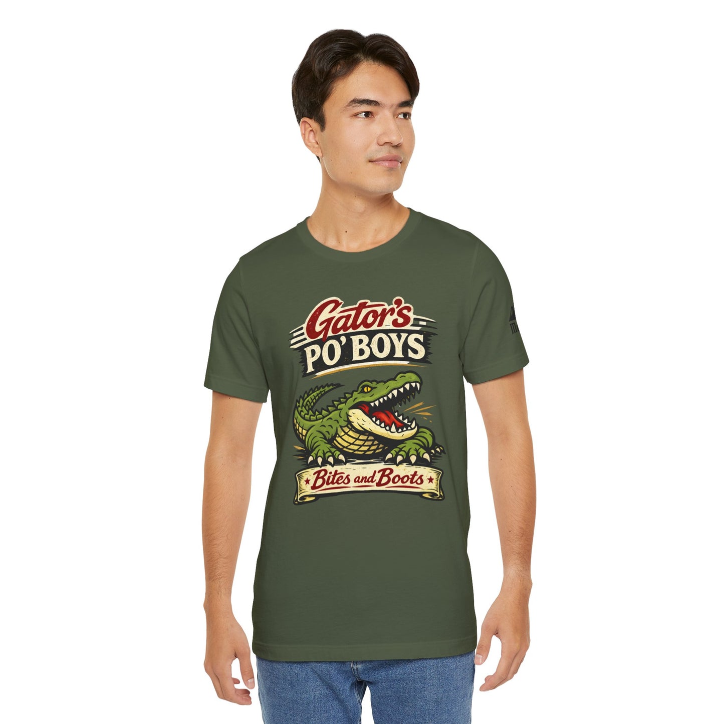 Gator's Po'Boys 'Bites and Boots' Graphic Tee - Cajun Alligator Restaurant Shirt