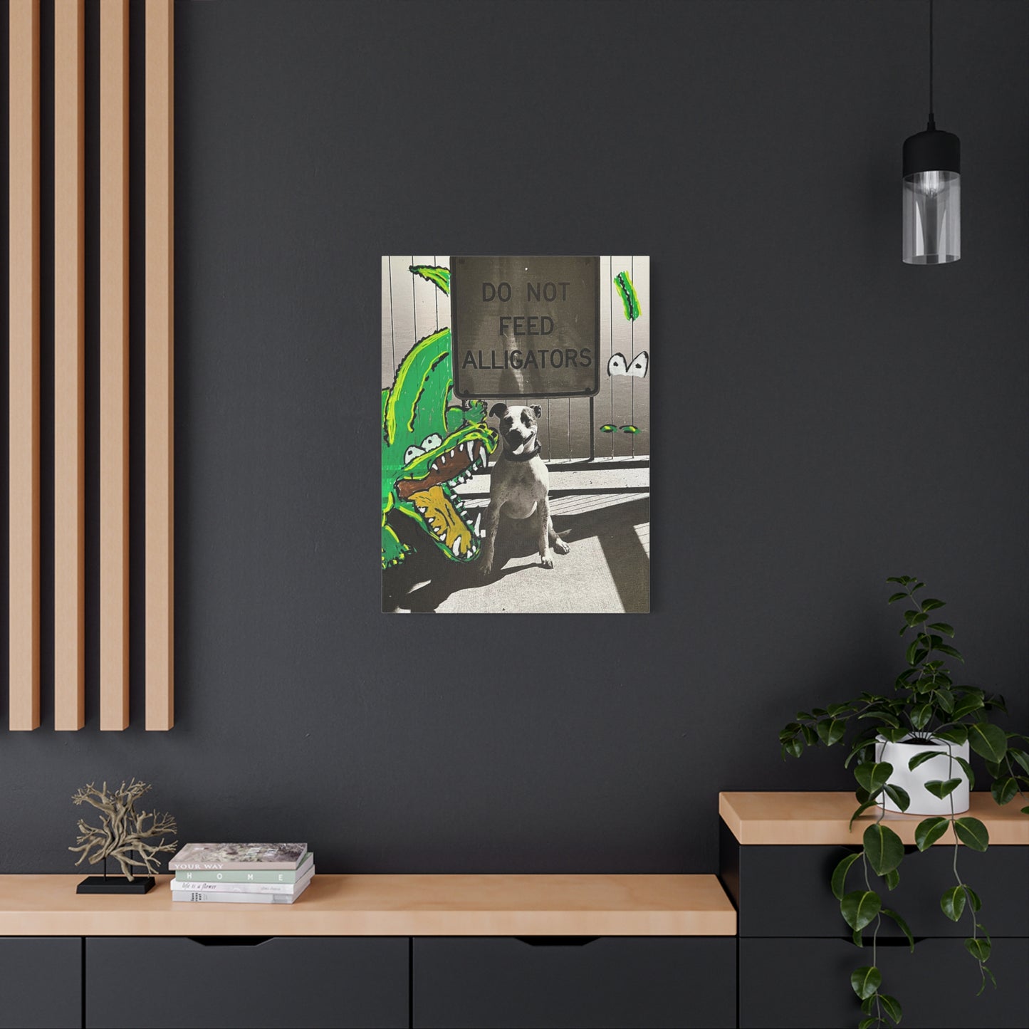 Do Not Feed Alligators Canvas Wall Art — Playful Dog & Cartoon Gator Print