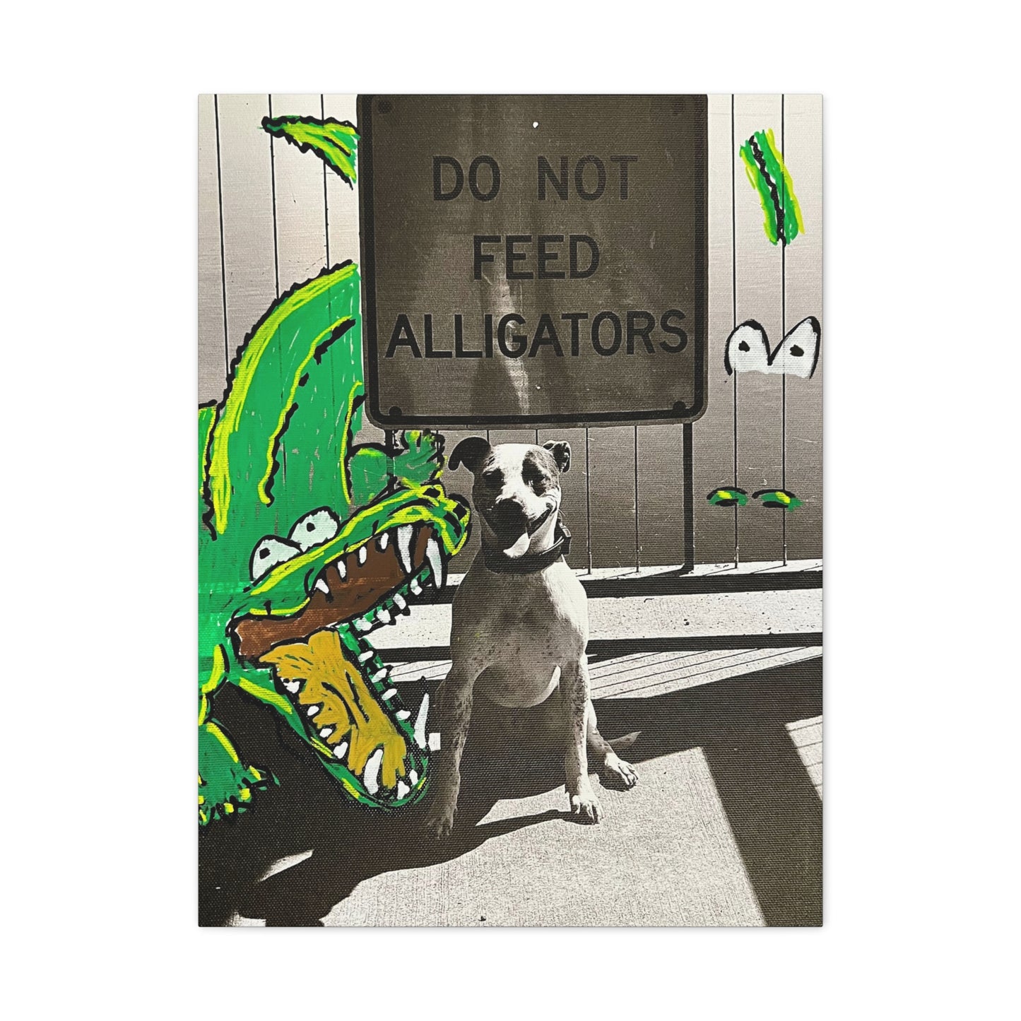 Do Not Feed Alligators Canvas Wall Art — Playful Dog & Cartoon Gator Print