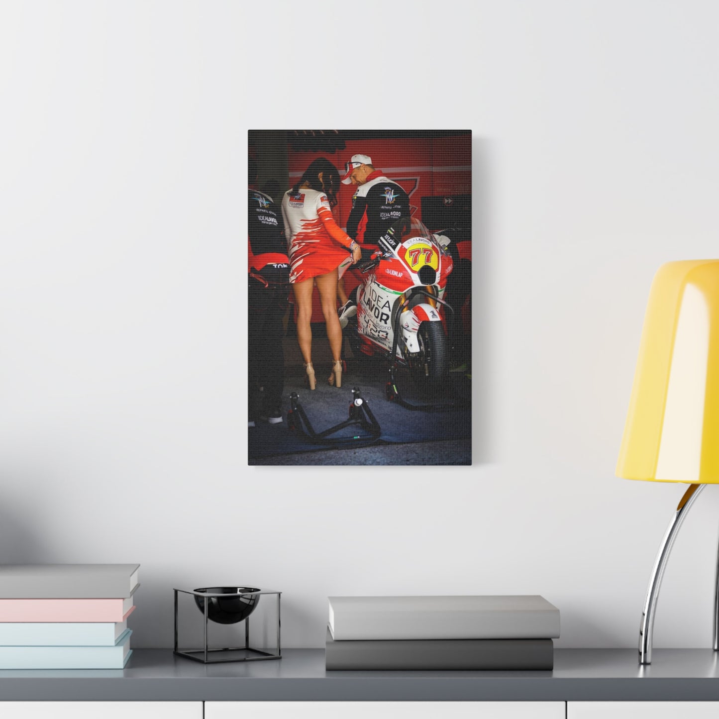 Motorbike Pit Crew Canvas Print — Racing Team Garage Scene