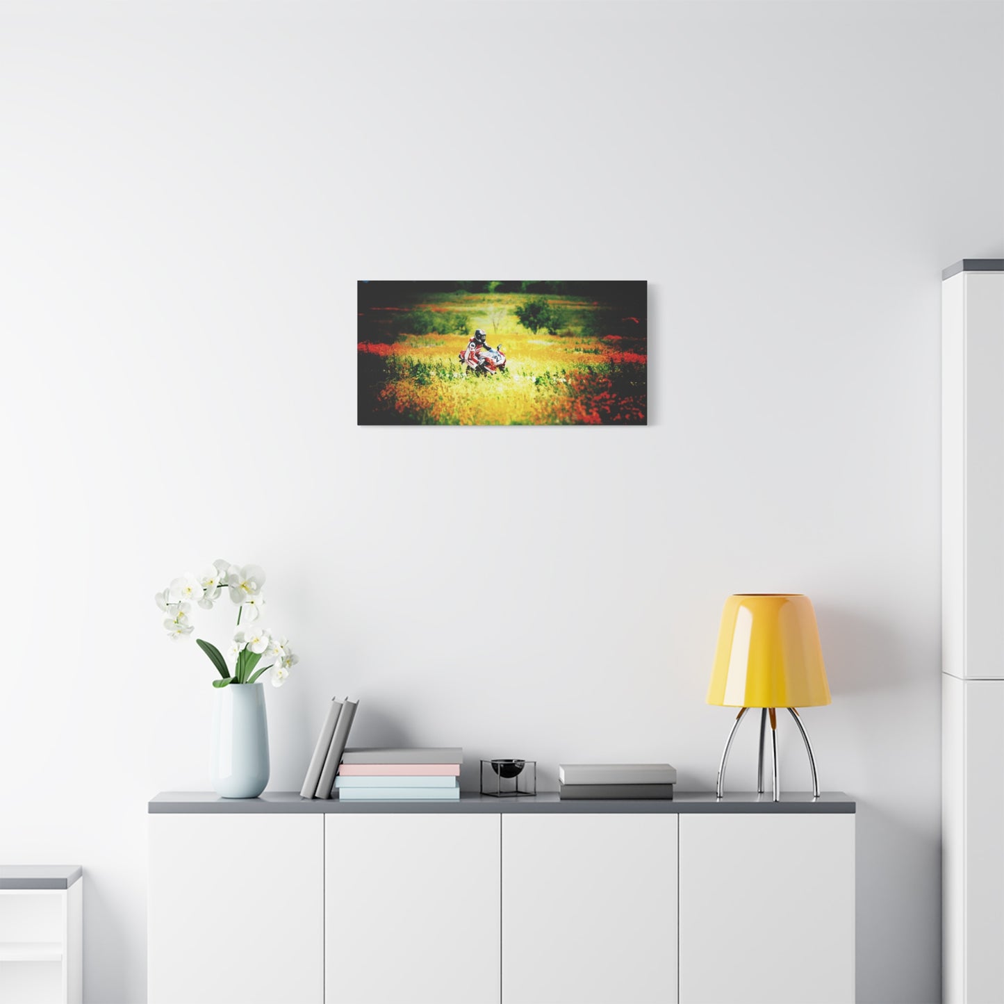 Motorcycle Racing Canvas Print — Rider in Wildflower Field Matte Stretched Art