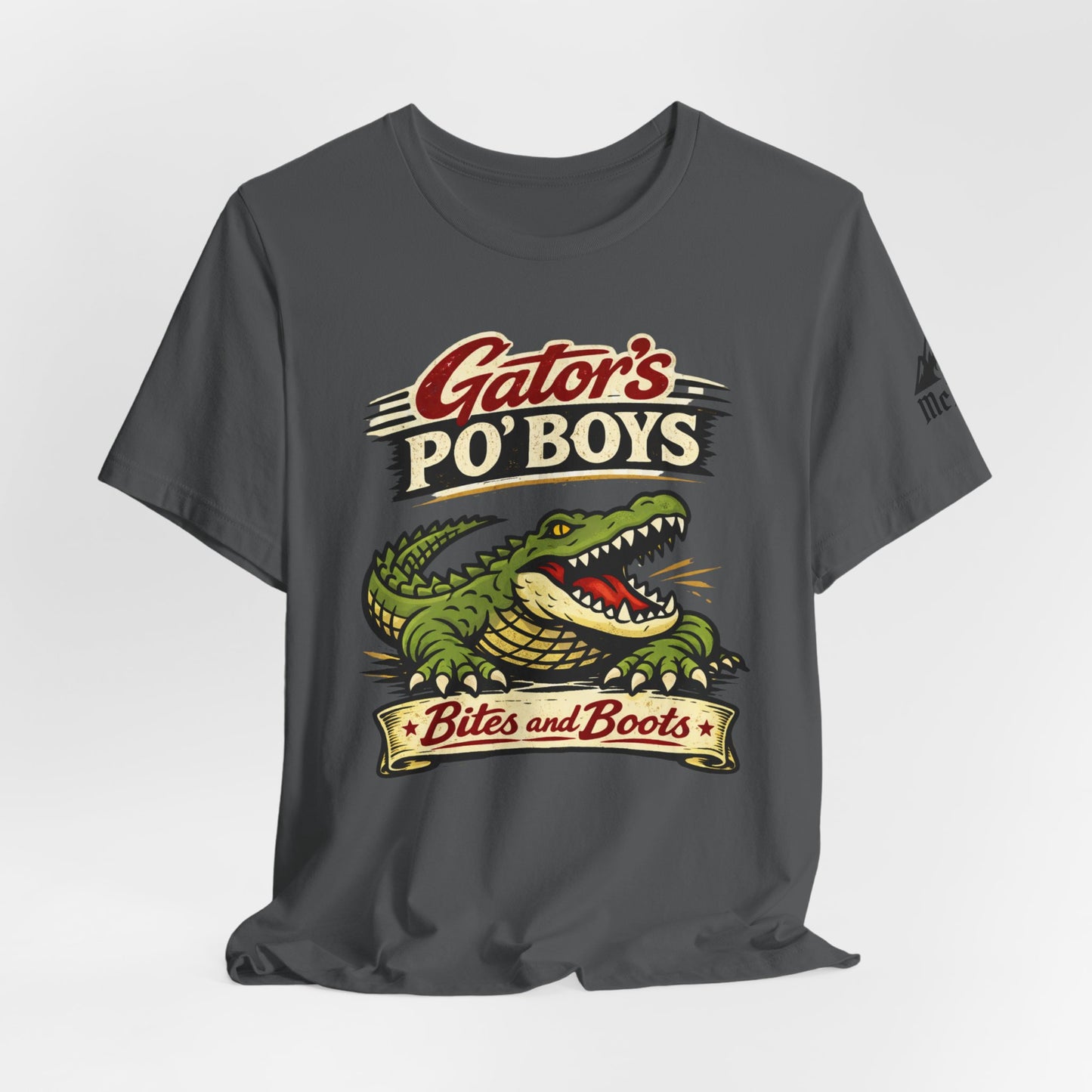 Gator's Po'Boys 'Bites and Boots' Graphic Tee - Cajun Alligator Restaurant Shirt