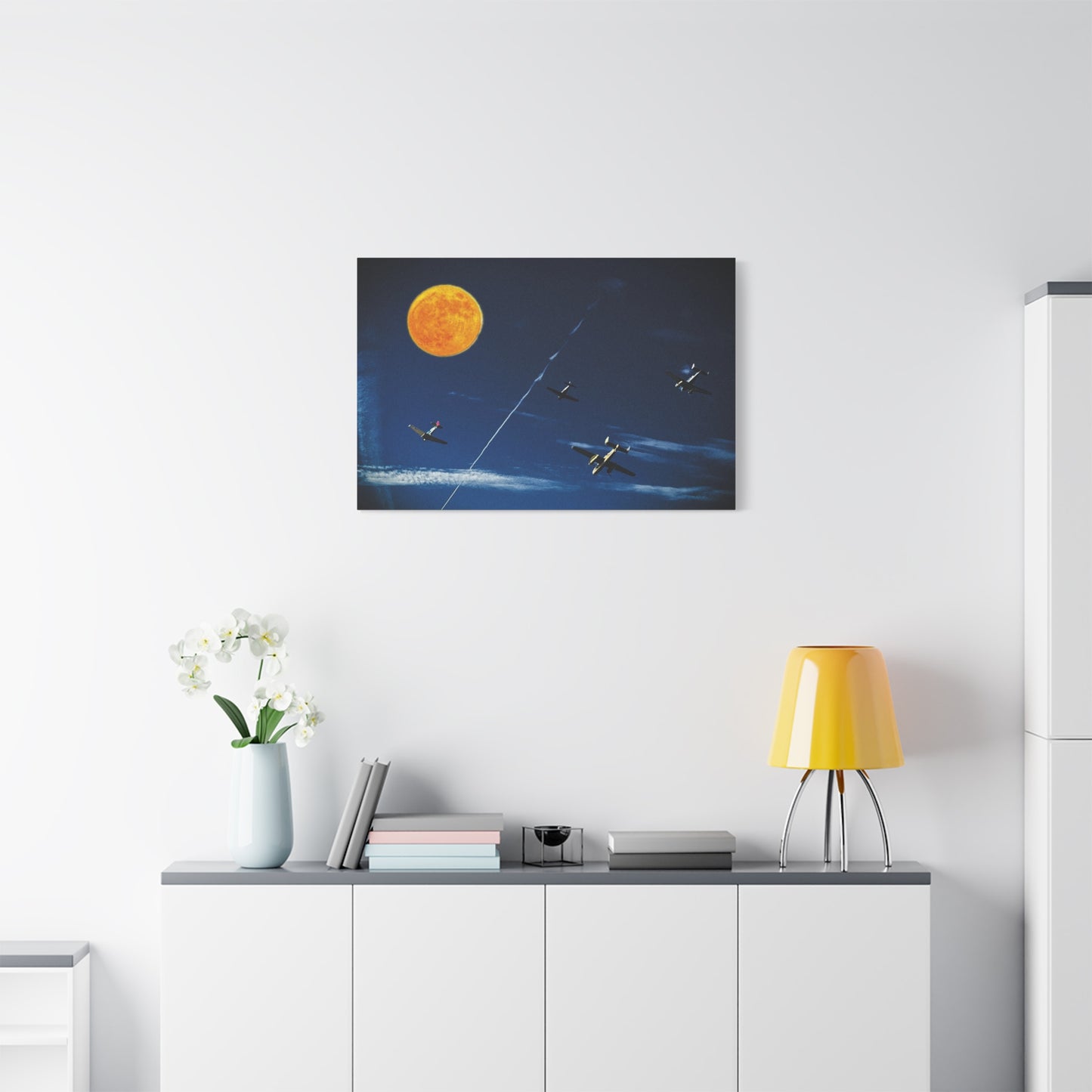 Vintage Aviation Moon Canvas Print — Planes Over Night Sky Matte Stretched Wall Art