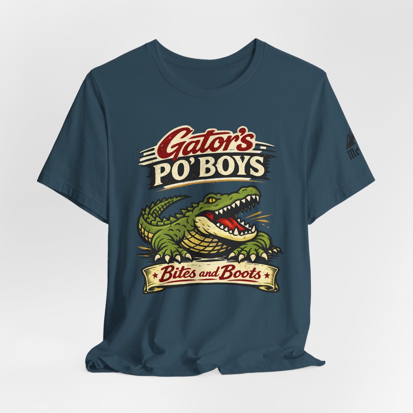Gator's Po'Boys 'Bites and Boots' Graphic Tee - Cajun Alligator Restaurant Shirt